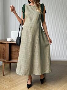 SHEIN Maternity Sleeveless Round Neck Tie-Decor Fitted Midi Dress - Green - View 5