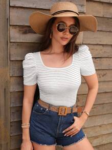 SHEIN VCAY Camiseta casual de mujer con cuello cuadrado a rayas y mangas abullonadas cortas - Marrón - Ver 4