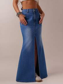 Forever 21 Autumn/Winter New Vintage Washed Personalized Casual Low Waist Fish-Tail Slit Skirt - Royal Blue - View 5