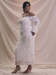 MUSERA Plus Size White Floral Lace Knit Maxi Dress,Elegant Silky Long Sleeve Halter Neck Bridal Wedding Outfit,Autumn Holiday Flowy Bachelorette Hen Do - Cream - View 2