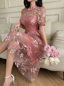 DAZY Đầm maxi dáng lửng tay phồng in hoa mỏng nhẹ, thích hợp cho kỳ nghỉ/hẹn hò, dành cho nữ, kiểu dáng thanh lịch, thích hợp cho lễ Phục sinh. - Hồng - Xem 5