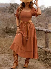 Flirla Plus Size Women Western Boho Style Hippie Holiday Casual Vacation Solid Texture Maxi Swing Dress, Spring/Summer - Coffee Brown - View 1