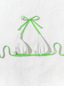 SHEIN Swim 女士夏季海滩全印花性感吊带比基尼上衣 - 綠色 - 查看 2