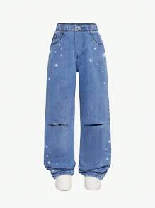 SHEIN Teen Girls' Distressed Pockets Washed With Rhinestones Casual Jeans - Light Wash - View 1