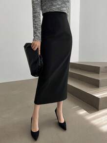 Women's Solid Color Elegant Work Wear Straight Slit Skirt,Pencil Skirt Fall Skirts - Black - View 2