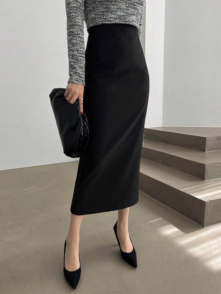 Women's Solid Color Elegant Work Wear Straight Slit Skirt,Pencil Skirt Fall Skirts