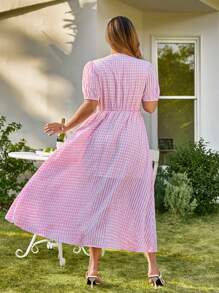 KURAYIA Plaid Deep V-Neck Short Sleeve Shirt Dress With Side Split, Plus Size - Pink - View 2