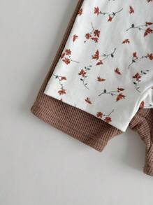 Loomiva 2pcs Newborn Baby Girl Floral Print Soft Knit Crew Neck Short Sleeve Romper Set - Multicolor - View 6