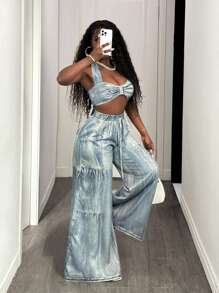 BamGleam Blue Denim Effect Casual Suit - Grey - View 4