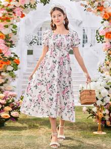 花朵中长款泡泡袖中长连衣裙，优雅少女风 - 白色 - 查看 3