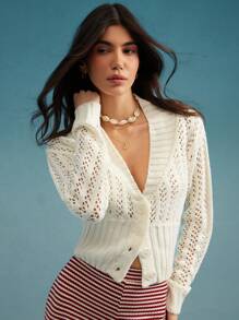 WESTFADE Western Coastal Cowgirl Mixed Stitch Open Pointelle & Rib Knit V Neck Button Front Long Sleeve Cropped Summer Cardigan Sweater Spring Break Beach Vacation - White - View 3