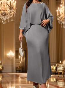 SHEIN Clasi 大码女式仿珍珠装饰圆领蝙蝠袖上衣和半身裙套装，优雅两件套