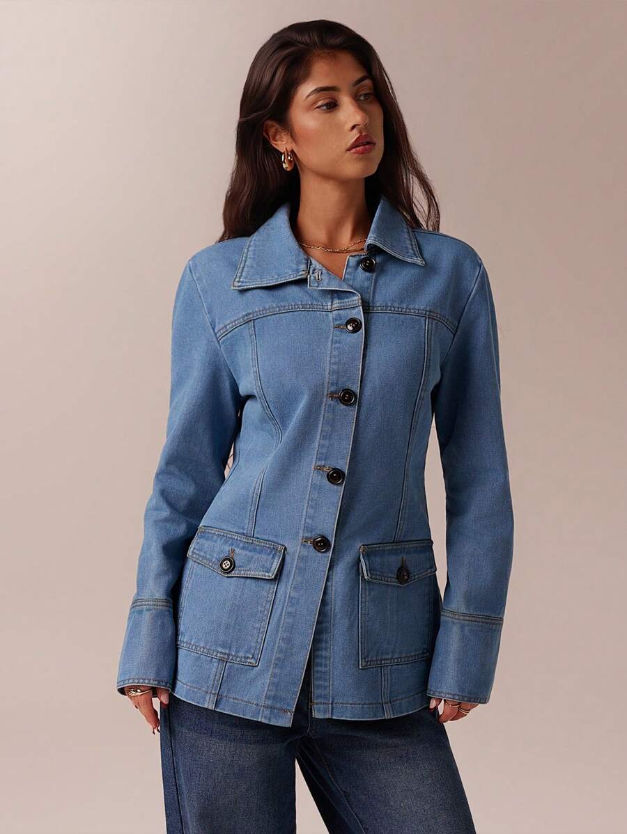 Forever 21 Fall&Winter Women Blue Denim Jacket/Valentine's Day/Valentine/Winter For Women/Office Wear Women/Club Women/New Years/Holiday Party Women Coat/Blue Coat/Holiday/Long Sleeve Coat/New Years/Christmas Party Women Denim/Y2k /Collared/Retro/Blue Washed With Pockets/Street Wear Women/Long Sleeve/Classy/Daily Wear/Casual Denim Coat