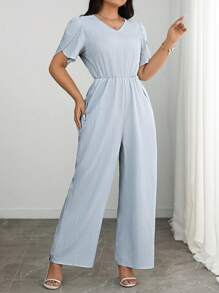 Celure Plus Size Women V-Neck Petal Sleeve Jumpsuits - Baby Blue - View 3