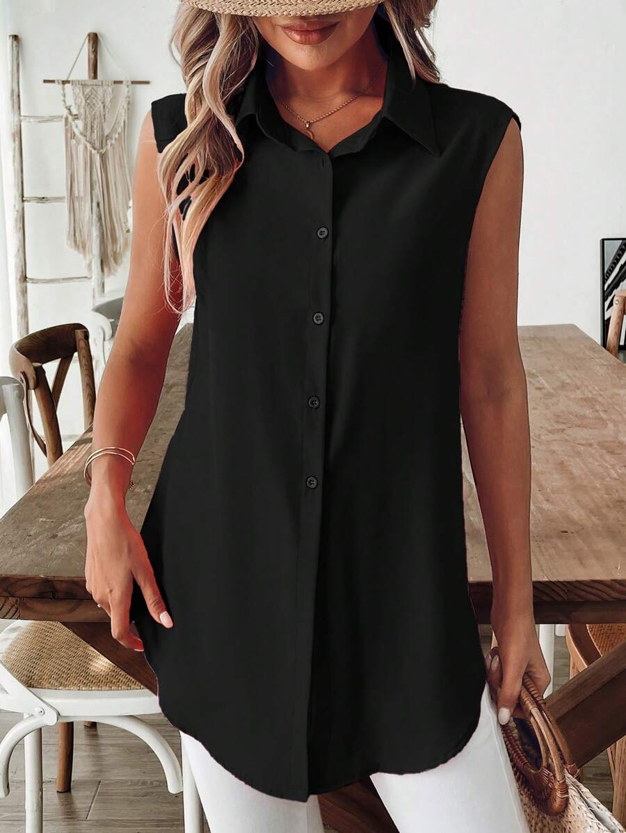 SHEIN LUNE 女士优雅乡村西部风格纯黑色领衬衫，长款弧形下摆，休闲夏季 - 黑色 - 查看 1