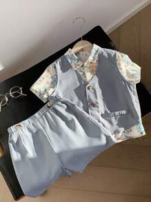 3 paquetes de conjuntos de camisa de solapa con estampado completo retro y artístico, chaleco y pantalones cortos de estilo deportivo informal para niños pequeños. Adecuado para fiestas de cumpleaños, fiestas de noche, actuaciones, bodas, bautizos, ceremonias de inauguración, uso diario, escuela, viajes, deportes, primavera y verano.