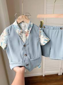 3 paquetes de conjuntos de camisa de solapa con estampado completo retro y artístico, chaleco y pantalones cortos de estilo deportivo informal para niños pequeños. Adecuado para fiestas de cumpleaños, fiestas de noche, actuaciones, bodas, bautizos, ceremonias de inauguración, uso diario, escuela, viajes, deportes, primavera y verano.