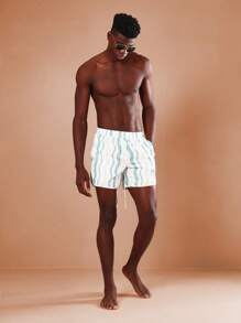 SUMWON Premium Beach Swim Trunks Retro Wave Pattern Palm Tree Embroidery Elastic Drawstring Summer Vacation Swimming Board Shorts Activewear Surfing Athletic Coastal Lounge Wear - Blue and White - View 2