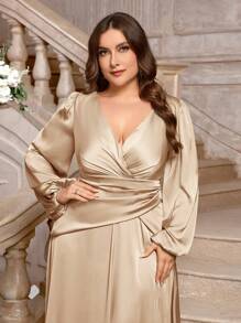 SHEIN Belle Vestido de dama de honor elegante y sencillo con mangas abullonadas y talle superpuesto en gris-verde para tallas grandes - Albaricoque - Ver 2