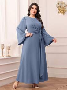 Modelyn Plus Size Solid Color Drawstring Dress, Simple Chic Casual For Daily Wear Long Evening Dresses - Blue - View 4