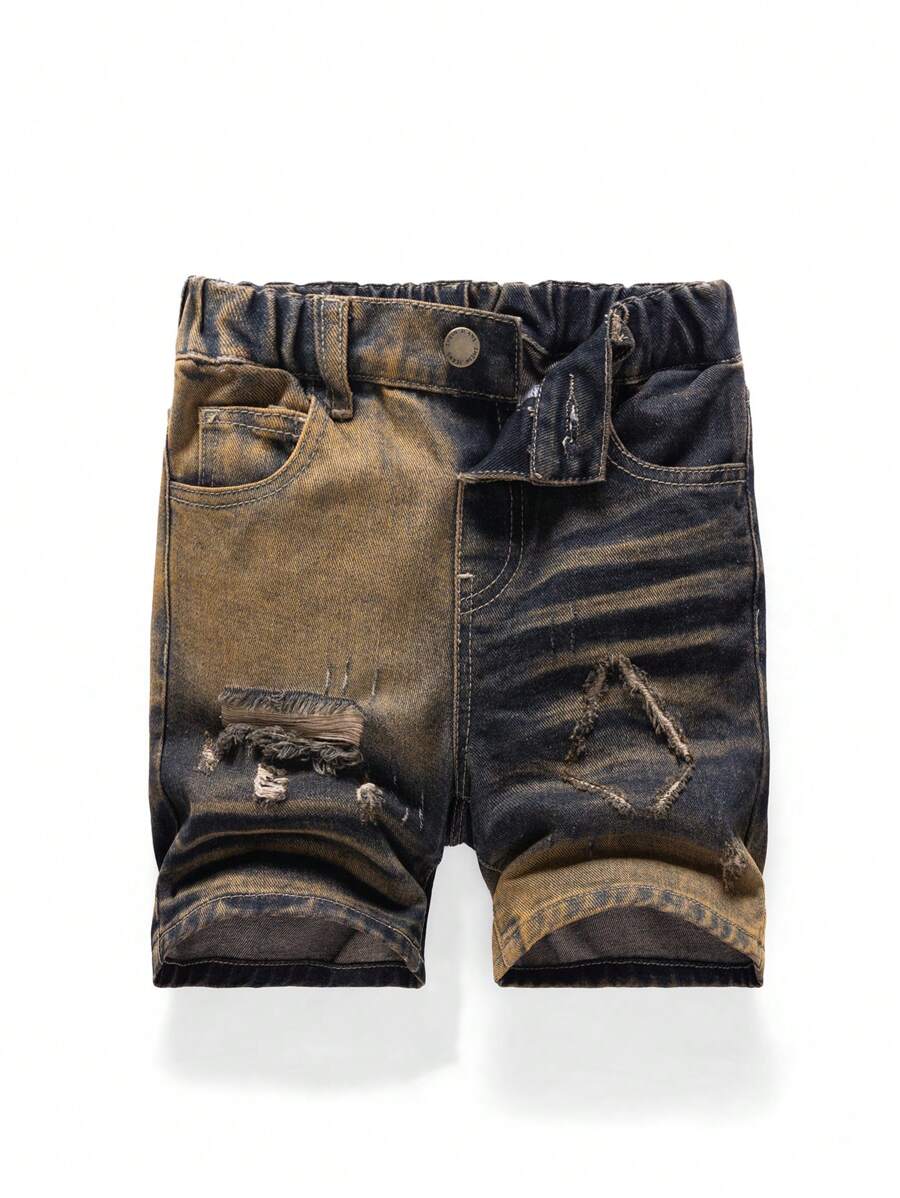 SHEIN Young Boy Summer Street Cool Vintage Washed Ripped Frayed Contrasting Colors Loose Fit Straight Leg Bermuda Blue Denim Shorts, Streetwear Spring Break - Light Wash - View 1