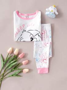 2 件装少女可爱害羞兔耳朵遮嘴图案印花短袖打底裤家居服套装 - 白色 - 查看 3