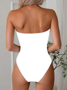 Women Elegant One-Piece Sexy Bandeau Solid Monokini Swimsuit For Summer Beach Vacation - White - View 2