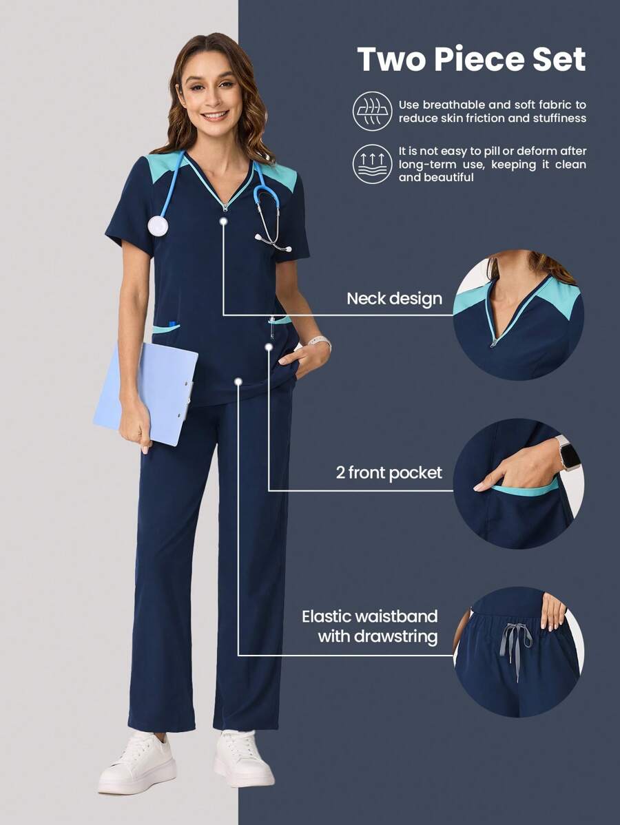 Scrubzie Colorblock Zipper V Neck Design Four Pockets Scrub Sets Sporty Sets Women's Solid Color Splice Short Sleeve Blouse And Long Pants Nursing Scrub Set For Women Scrubs For Women Scrub Sets Nurse Scrub Sets Women Scrub Sets For Women Essential Jogger Scrub Set Nursing Scrub Stretch V-Neck Top & Drawstring Cargo Pants Notch V-Neck Tuck In Top & Drawstring Straight Leg Pants - Navy Blue - View 1