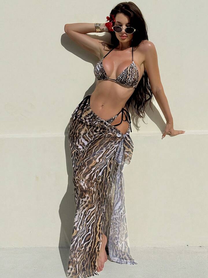Bonvoyette 3pcs Leopard & Solid Color Mixed Print Triangle Halter Sexy Elegant Bikini Set And Long Mesh Beach Dress For Women