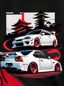 Manfinity Joysei 2pcs/Set Regular Fit Men's Black Top And Red Shorts, With Racing Car Graphic - Multicolor - View 5