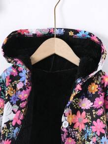 SHEIN 少女可爱独角兽与花卉印花内衬加厚中长款连帽外套秋冬季 - 彩色 - 查看 6