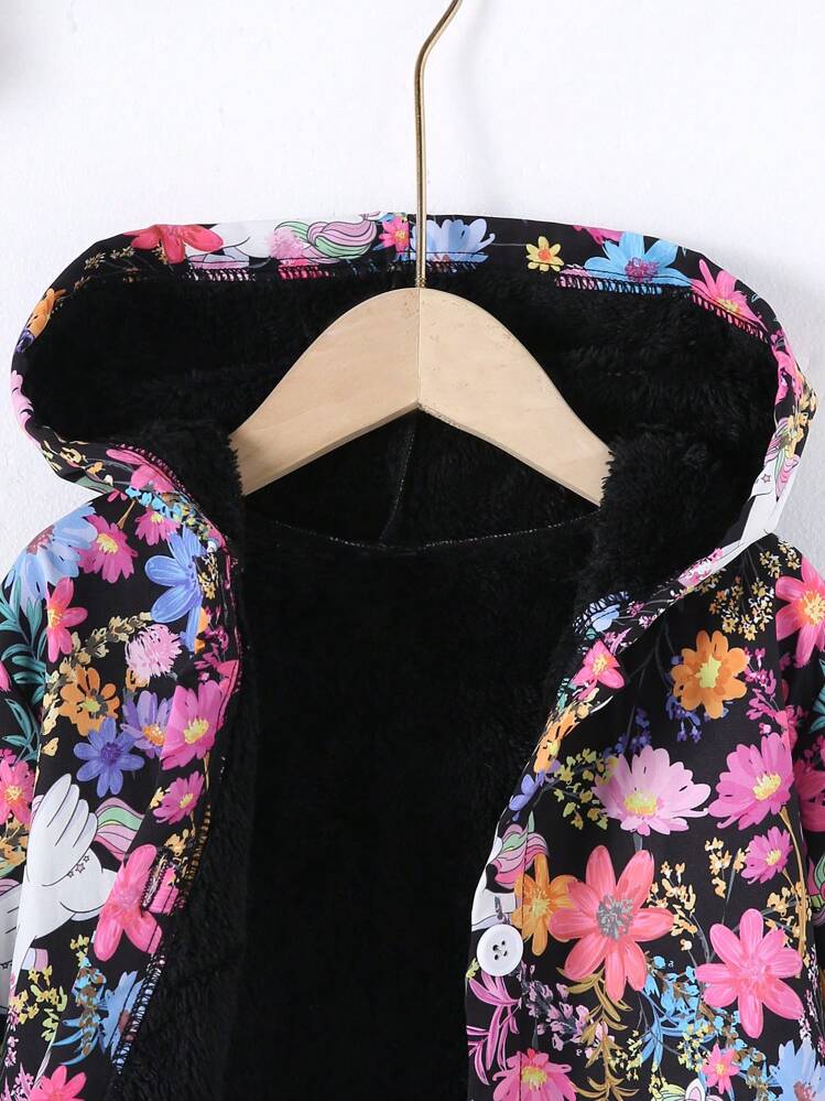 SHEIN Vintaside Kids Young Girl Cute Unicorn & Floral Print Lining Thicken Mid-Long Hooded Coat For Autumn/Winter,Holiday,Summer,Travel - Multicolor - View 5