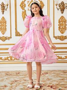 SHEIN Tween Girls Spring/Summer Elegant Floral Print Rose Organza Puff Sleeve Backless Contrast Bow Decor Dress - Pink - View 5