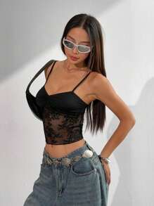 SHEIN Unity Áo hai dây hở vai phối ren đen đa năng - màu đen - Xem 3