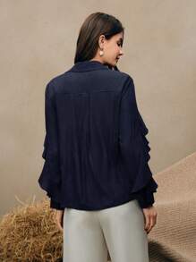 Anewsta 春季纯色长袖梭织常规休闲衬衫，商务休闲，度假 - 藏蓝色 - 查看 2