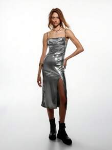 SHEIN EZwear Women's Sleeveless Silver Color Side Slit Ruched Hem Dress - Silver - View 5