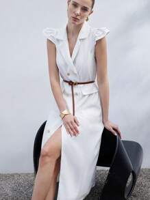 SHEIN Privé White Mini Cap Sleeve Elegant Romantic Commute Versatile Straight Collar Blazer Style Luxe Feel Double-Breasted Women Dress - White - View 1