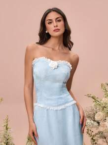 Glamine Sexy Off-Shoulder Lace Patchwork Elastic Crop Top For Women, Spring/Summer - Blue - View 5