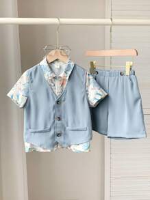 3 paquetes de conjuntos de camisa de solapa con estampado completo retro y artístico, chaleco y pantalones cortos de estilo deportivo informal para niños pequeños. Adecuado para fiestas de cumpleaños, fiestas de noche, actuaciones, bodas, bautizos, ceremonias de inauguración, uso diario, escuela, viajes, deportes, primavera y verano.