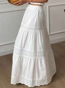 Livesso 大码纯色宽松休闲度假夏季半身裙，波西米亚风拼接蕾丝边女士长裙度假装扮 - 白色 - 查看 1