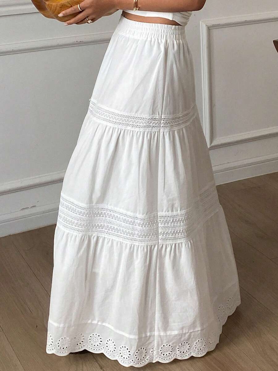 Livesso 大码纯色宽松休闲度假夏季半身裙，波西米亚风拼接蕾丝边女士长裙度假装扮 - 白色 - 查看 1