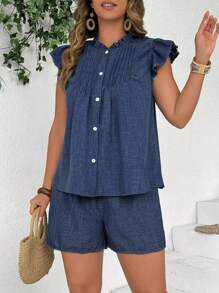 EMERY ROSE 2pcs Fashion Casual Retro Pleated Ruffle Flute Sleeve Set - Navy Blue - View 6