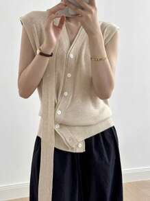 DAZY Women's V-Neck Drawstring Asymmetric Button Front Cardigan Knit Top, Casual Business Style - Beige - View 5