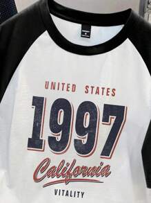 Manfinity Joysei 标准尺寸男士插肩袖 T 恤，休闲简约复古 1997 图案设计，适合春夏季运动装