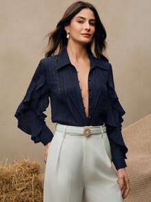 Anewsta 春季纯色长袖梭织常规休闲衬衫，商务休闲，度假 - 藏蓝色 - 查看 6