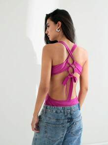 Maija Nuevo conjunto de verano 2025 de ajuste ceñido con diseño decorativo de escote recortado y hueco, de color baya, versátil y de moda para vacaciones de verano, playa, festivales de música y uso diario - Rosa - Ver 6