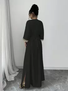 Rafferiza Women's Fashion Elegant Floral Print Fringe V-Neck Waisted Long Dress, Suitable For Ramadan - Black - View 2