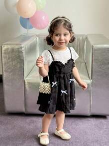 SHEIN 2 pièces Ensemble robe à bretelles mignonne avec nœud papillon et Top à manches courtes pour bébé fille, été