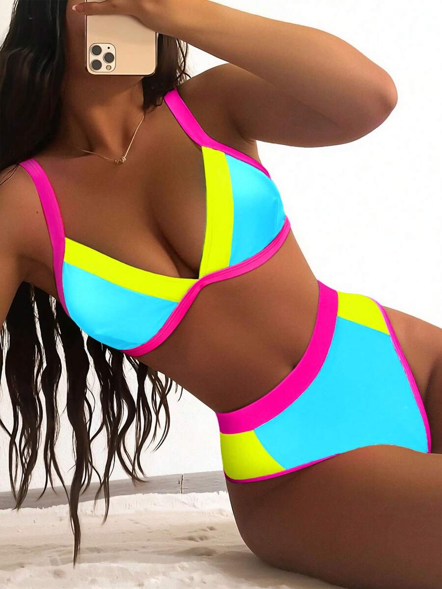 Slaydiva 女士拼色性感比基尼泳装套装