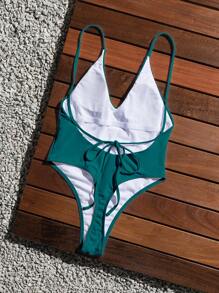 Swim Vcay Beach Summer For Women Solid Color Spaghetti Strap One-Piece Swimsuit - Dark Green - View 2